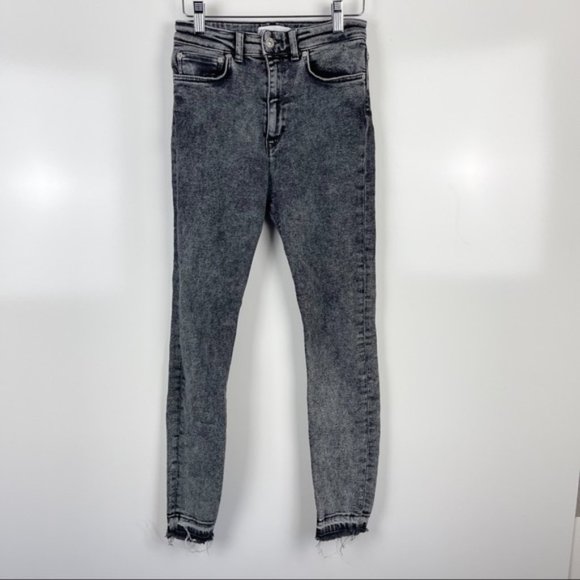 Zara Black Bleach Washed High Waist Skinny Jeans Raw Hem Sz 6
